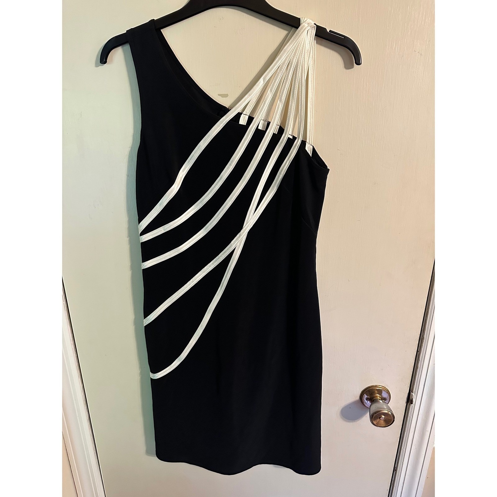 Joseph Ribkoff Black One Shoulder Dress Cream Straps Size 10 Party Cocktail